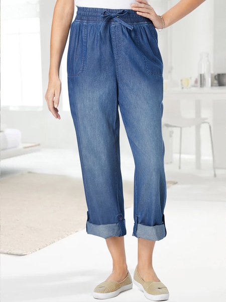 

Denim Casual Drawstring Plain Pants, Blue, Jeans