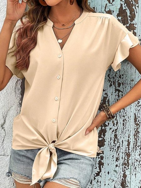 

Plain Buttoned Ruffled Sleeves Casual Shirt, Khaki, Shirts & Blouses