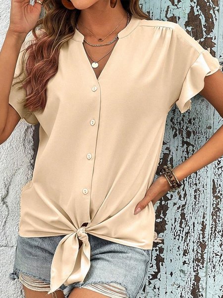 

Plain Buttoned Ruffled Sleeves Casual Shirt, Khaki, Shirts & Blouses