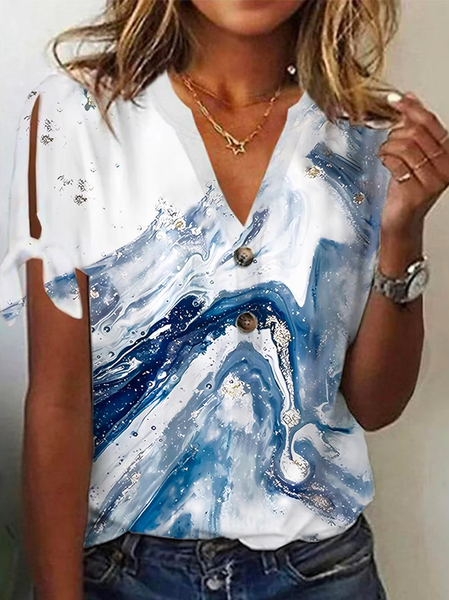 

V Neck Loose Casual Ombre T-Shirt, Blue, T-Shirts