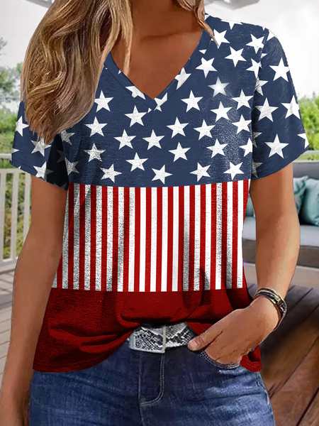 

Women's Casual America Flag Loose V neck T-Shirt, Blue, T-shirts