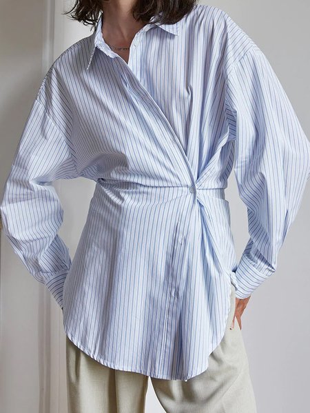 

Shirt Collar Buckle Loose Urban Blouse, Blue, Blouses and Shirts
