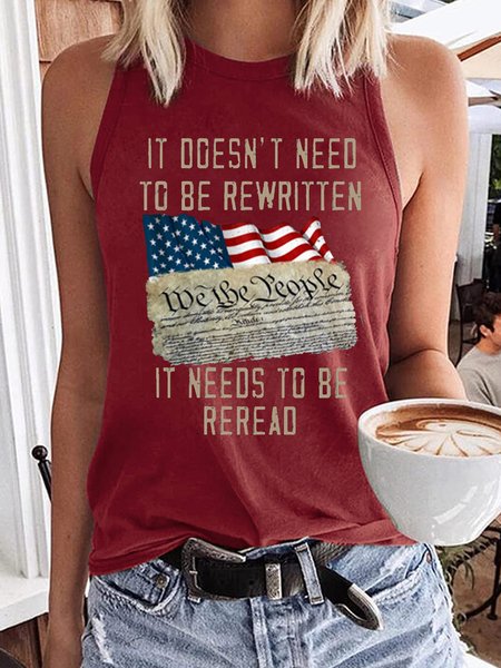 

Women's It Doesn't Need To Be Rewritten It Needs To Be Reread We The People Print Crew Neck Tree Casual Tank Top, Red, Tank Tops