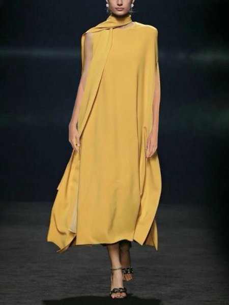 

Plain Urban Loose Sleeveless Midi Dress With No Belt, Yellow, Maxi Dresses