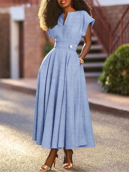 

Urban Notched Regular Fit Faux Denim Maxi Dress With No Belt, Blue, Maxi Dresses