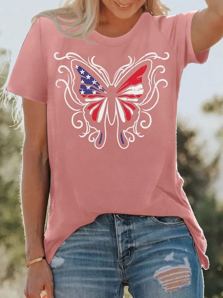 

Women's US American Flag Butterfly Vintage Print T-Shirt, Pink, T-shirts