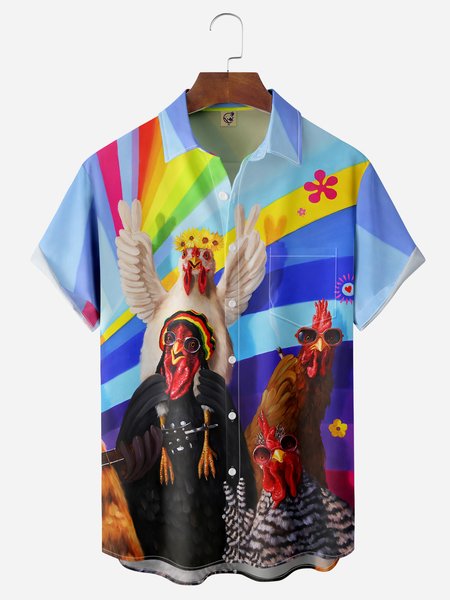 

Hippie Fun Rooster Chest Pocket Short Sleeve Casual Shirt, Blue, Men Shirts