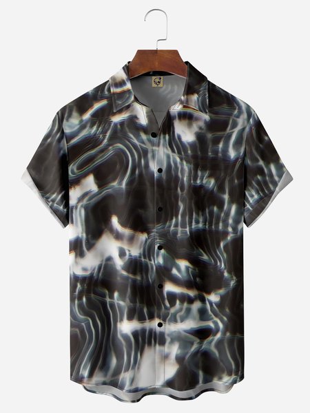 

3D Art Print Chest Pocket Short Sleeve Casual Shirt, Black, Men Shirts