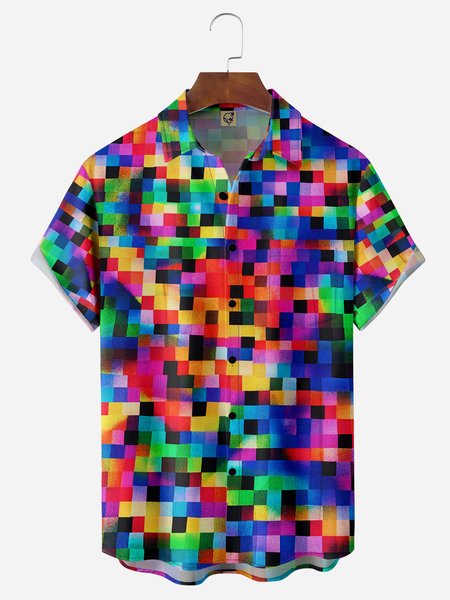 

Mosaic Art Chest Pocket Short Sleeve Casual Shirt, Purple, Men Shirts