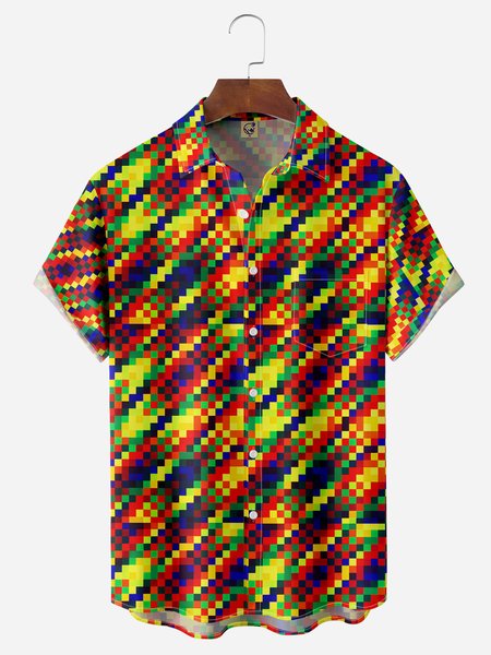 

Mosaic Art Chest Pocket Short Sleeve Casual Shirt, Brown, Men Shirts