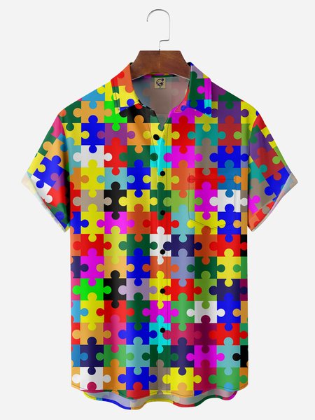 

Puzzle Chest Pocket Short Sleeve Shirt, Red, Men Shirts