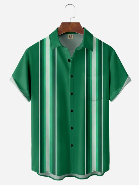 

Striped Chest Pocket Short Sleeve Bowling Shirt, Green, Men Shirts
