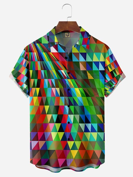 

Geometric Art Chest Pocket Short Sleeve Casual Shirt, Green, Men Shirts