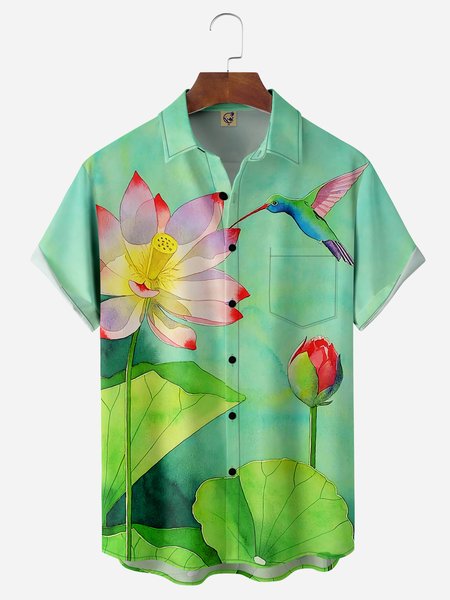 

Lotus Hummingbird Chest Pocket Short Sleeve Hawaiian Shirt, Green, Men Shirts