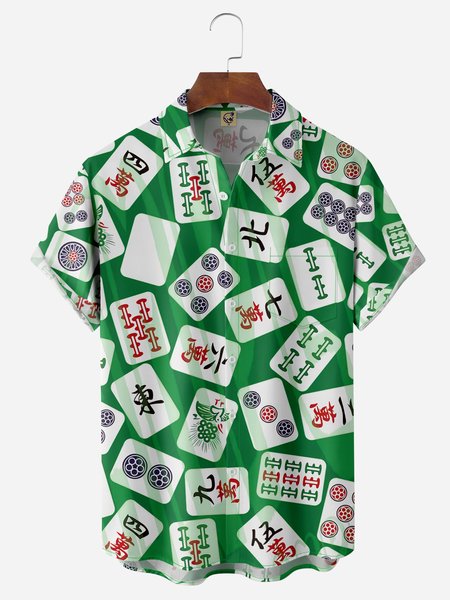 

Mahjong Chest Pocket Short Sleeve Casual Shirt, Green, Men Shirts