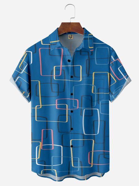 

Mid Century Pattern Chest Pocket Short Sleeve Casual Shirt, Blue, Men Shirts