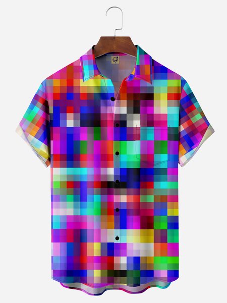 

Geometric Chest Pocket Short Sleeve Casual Shirt, Pink, Men Shirts