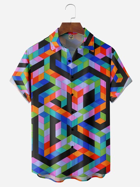 

Geometric Chest Pocket Short Sleeve Casual Shirt, Black, Men Shirts