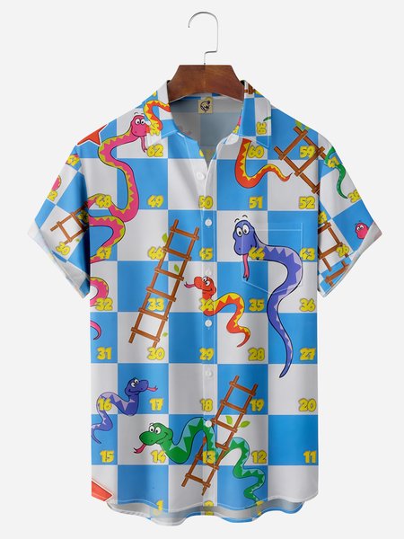 

Snake and Ladder Chest Pocket Short Sleeve Casual Shirt, Blue, Men Shirts