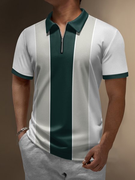 

Color Block Zip Short Sleeve Bowling Polo Shirt, White, Polo Shirts