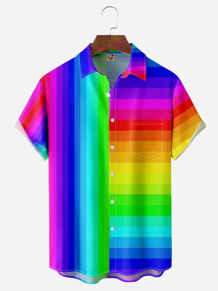 

Striped Chest Pocket Short Sleeve Casual Shirt, Blue, Men Shirts