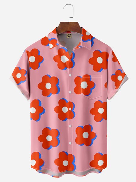 

Floral Chest Pocket Short Sleeve Hawaiian Shirt, Pink, Men Shirts