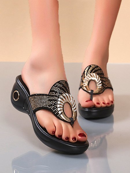 

Women Rhinestone Decor Wedge Flip-flops Slippers, Champagne, Sandals & Slippers