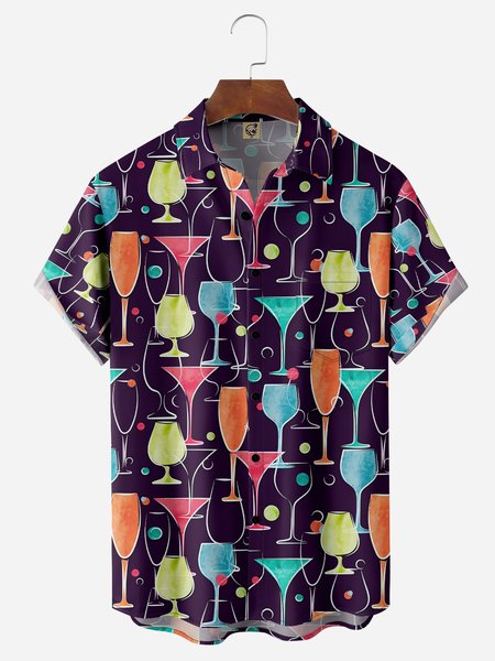 

Vintage Wine Cup Chest Pocket Short Sleeves Casual Shirts, Purple, Men Shirts