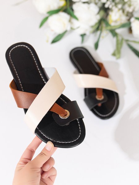 

Vintage Color Block Cross Strap Toe Ring Slide Sandals, Black, Sandals & Slippers