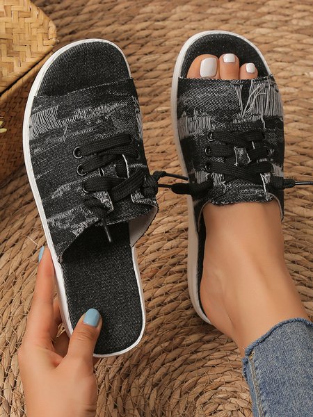 

Casual Lace-up Decor Distressed Denim Slide Sandals, Black, Sandals & Slippers