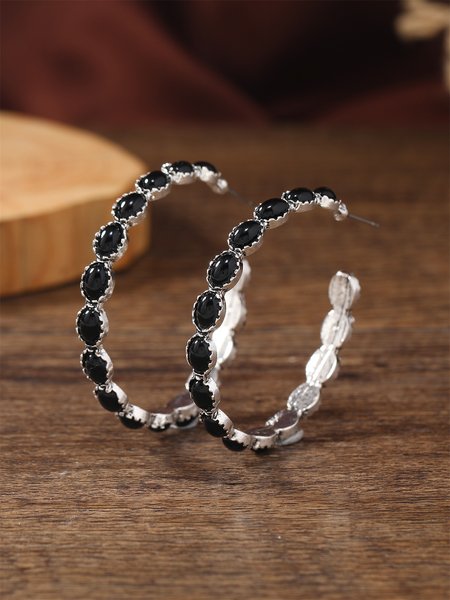 

Natural Turquoise Geometric Hoop Earrings Ethnic Retro Women's Jewelry, Black, Earrings
