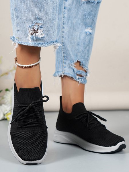 

Solid Color Breathable Shock Absorbing Flyknit Sneakers, Black, Sneakers