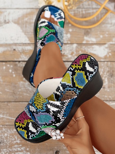 

Multicolored Snake Wedge Sandals, Snakeskin, Slippers