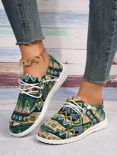 

Ethnic Pattern Casual Lace-Up Flats, Green, Flats