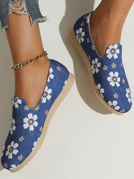 

Floral Print Casual Blue Canvas Slip On Shoes, Flats