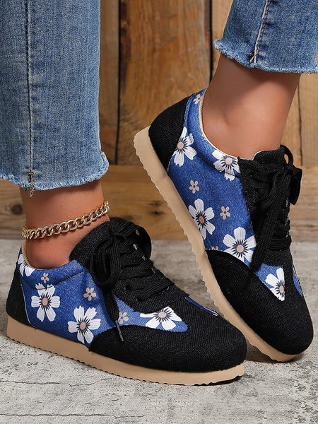

Black-blue Color Block Floral Print Lace Up Shoes, Flats