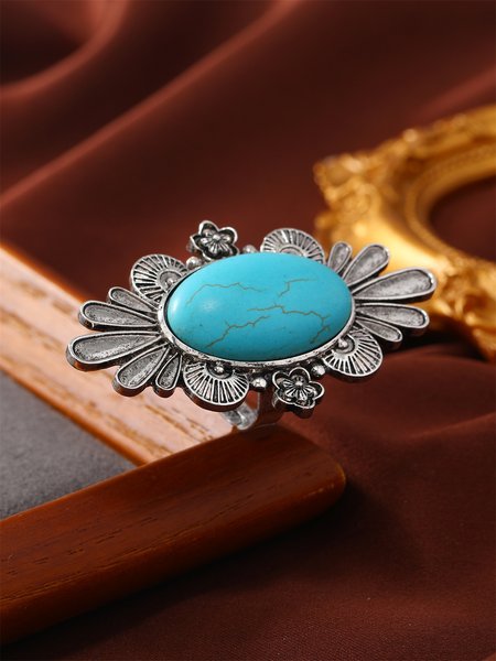 

Ethnic Style Vintage Turquoise Floral Metal Ring Holiday Casual Women's Jewelry, As picture, Rings