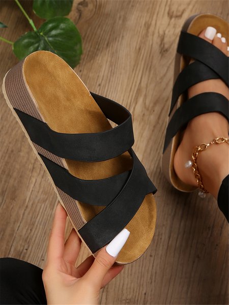 Snake Print Solid Color Wide Band Wood Grain Platform Slippers, Black, Sandals & Slippers