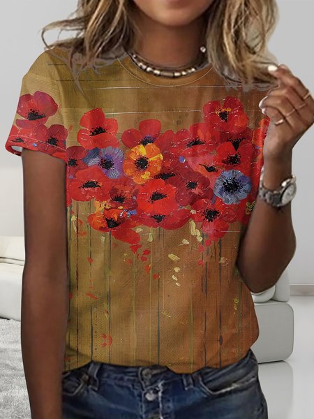 Women's Flower Art Print Casual Crew Neck Shirt, As picture, T-shirts