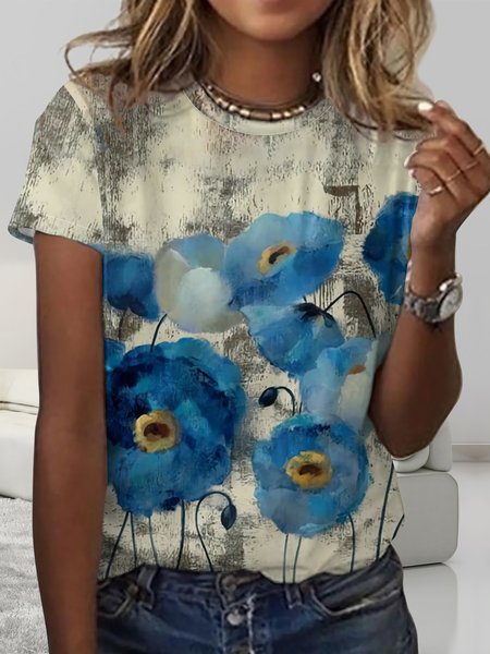 

Women's Art Flower Print Crew Neck Casual Shirt, As picture, T-shirts