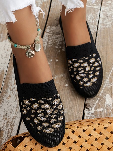 

Casual Leopard Pattern Breathable Mesh Fabric Shoes, Black, Flats