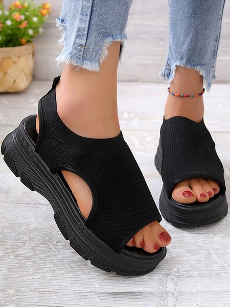 

Solid Color Breathable Platform Flyweave Sports Sandals, Black, Sandals