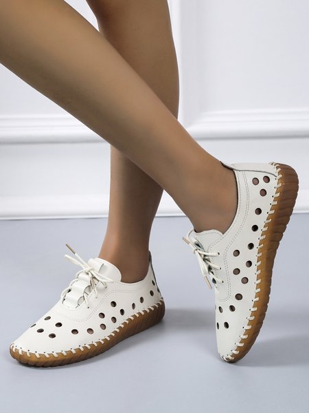 

Women Hollow Out Lace Up Handmade Comfy Shoes, Off white, Flats