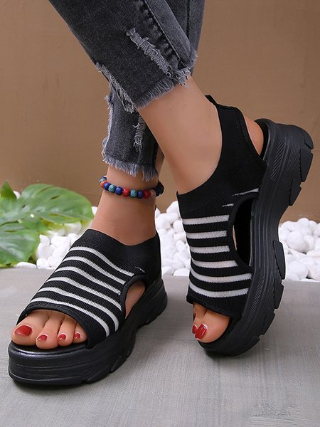 

Black and White Stripes Platform Flyweave Sports Sandals, Sandals