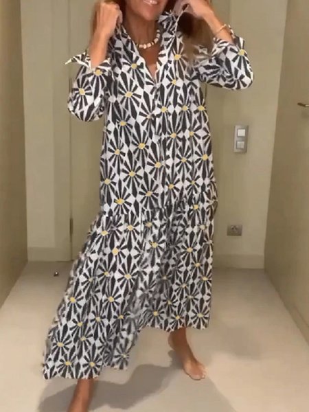 

Printing Shirt Collar Regular Sleeve Urban Dress, Black, Dresses