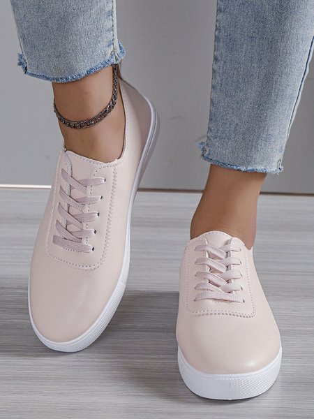 

Solid Leather Lace-up Flats Sneakers, Pink, Sneakers