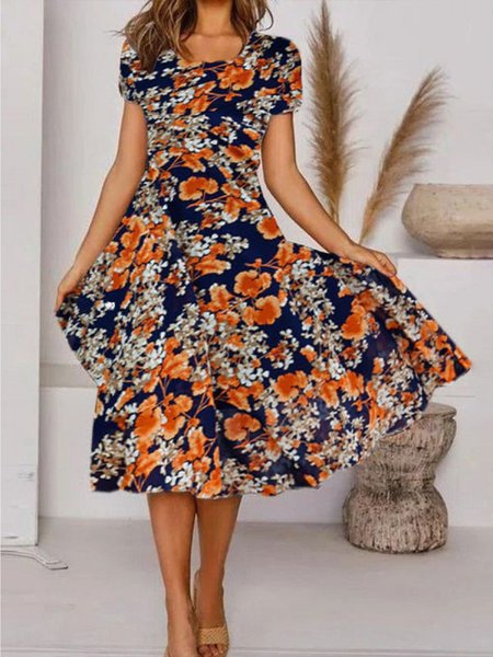 

Elegant Loose Printing Floral Dress, Orange red, Dresses