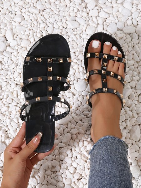 

Rivets Thin Straps Waterproof PVC Slide Sandals, Black, Sandals & Slippers