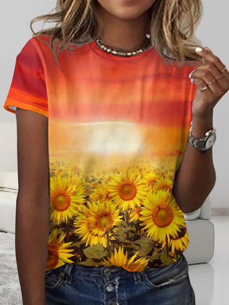 

Women’s Sunflower Sunrise Print Casual Crew Neck T-Shirt, Red, T-shirts