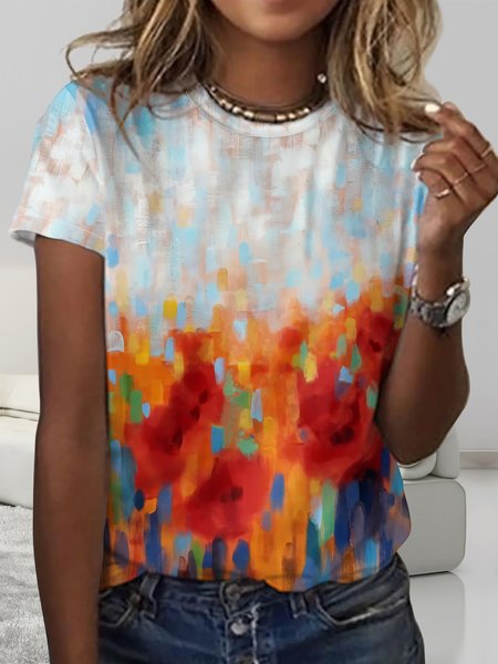

Women's Abstract Art Print Crew Neck Casual T-Shirt, Orange, T-shirts
